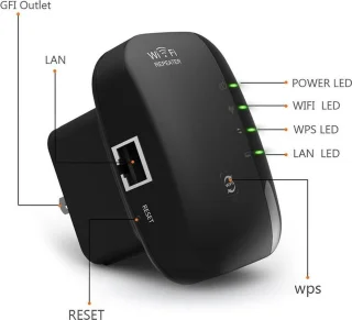 WiFi Versterker Stopcontact Zwart 300Mbps Ethernet Range Extender 2.4 GHz