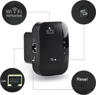WiFi Versterker Stopcontact Zwart 300Mbps Ethernet Range Extender 2.4 GHz
