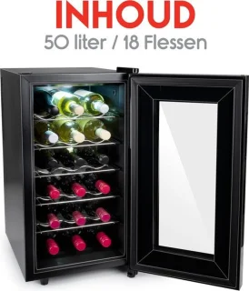 alpina Wijnkoelkast 50L – Wijnklimaatkast Vrijstaand voor 18 Flessen – Wijnkoeler zonder Compressor – Wijnkoelkast met Glazen Deur en LED Verlichting – 66 x 34,5 x 49cm – Zwart