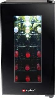 alpina Wijnkoelkast 50L – Wijnklimaatkast Vrijstaand voor 18 Flessen – Wijnkoeler zonder Compressor – Wijnkoelkast met Glazen Deur en LED Verlichting – 66 x 34,5 x 49cm – Zwart