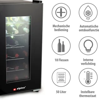 alpina Wijnkoelkast 50L – Wijnklimaatkast Vrijstaand voor 18 Flessen – Wijnkoeler zonder Compressor – Wijnkoelkast met Glazen Deur en LED Verlichting – 66 x 34,5 x 49cm – Zwart