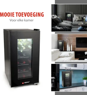 alpina Wijnkoelkast 50L – Wijnklimaatkast Vrijstaand voor 18 Flessen – Wijnkoeler zonder Compressor – Wijnkoelkast met Glazen Deur en LED Verlichting – 66 x 34,5 x 49cm – Zwart