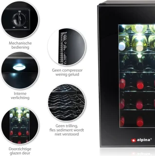 alpina Wijnkoelkast 50L – Wijnklimaatkast Vrijstaand voor 18 Flessen – Wijnkoeler zonder Compressor – Wijnkoelkast met Glazen Deur en LED Verlichting – 66 x 34,5 x 49cm – Zwart