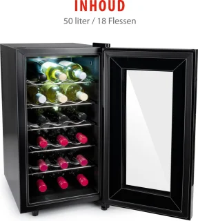 alpina Wijnkoelkast 50L – Wijnklimaatkast Vrijstaand voor 18 Flessen – Wijnkoeler zonder Compressor – Wijnkoelkast met Glazen Deur en LED Verlichting – 66 x 34,5 x 49cm – Zwart