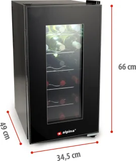 alpina Wijnkoelkast 50L – Wijnklimaatkast Vrijstaand voor 18 Flessen – Wijnkoeler zonder Compressor – Wijnkoelkast met Glazen Deur en LED Verlichting – 66 x 34,5 x 49cm – Zwart