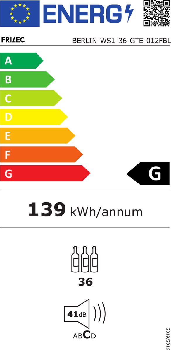 Frilec BERLIN-WS1-36-GTE-012FBL Wijnklimaatkast inbouw 60cm zwart