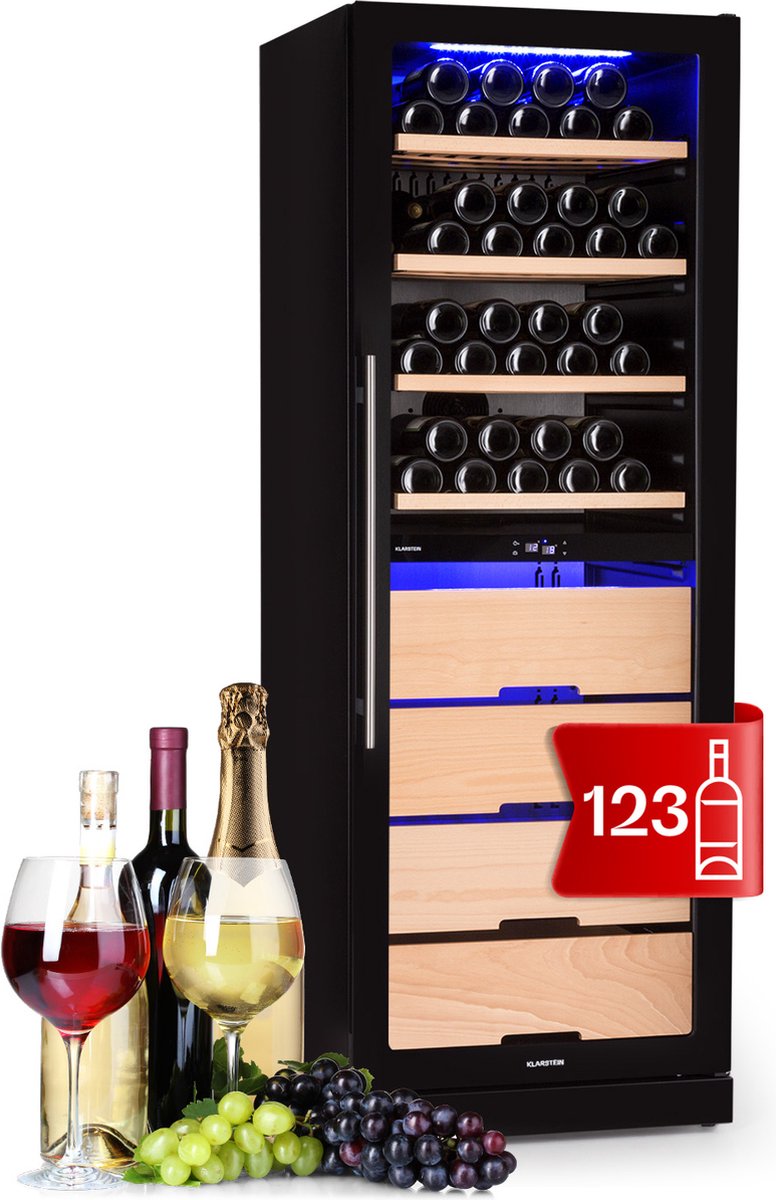 De Klarstein Barossa 123 Duo Wijnkoelkast Zwart 123 flessen in één oogopslag
