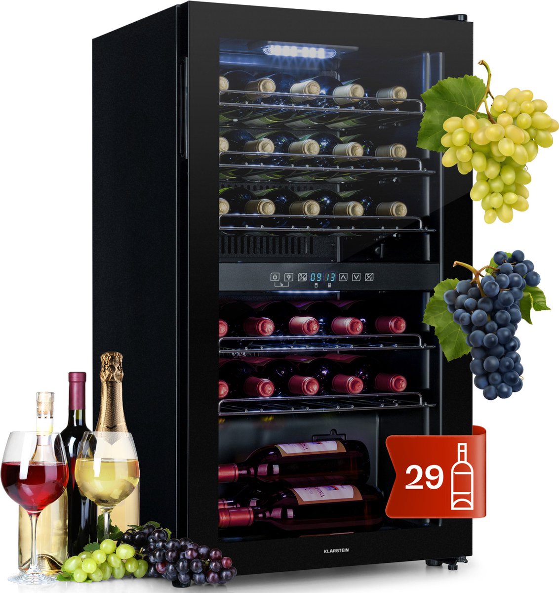 De Klarstein Shiraz 29 Duo wijnkoelkast 2 zones zwart in één oogopslag