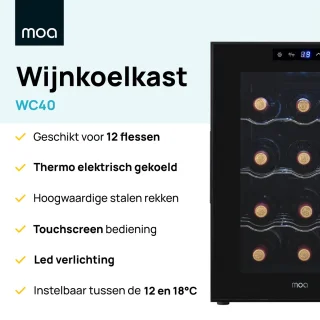 MOA Wijnkoelkast 12 Flessen Zwart Vrijstaand Inbouw