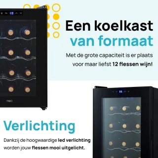 MOA Wijnkoelkast 12 Flessen Zwart Vrijstaand Inbouw