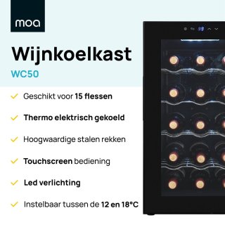 MOA Wijnkoelkast 15 Flessen Zwart Vrijstaand Inbouw