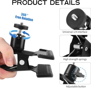 3 stuks camera flitshouderset - klem met kogelkop - statiefklem 360 graden - camera klem clips - metalen klemhouder met 1/4 inch schroef - zwart - accessoires voor fotografie