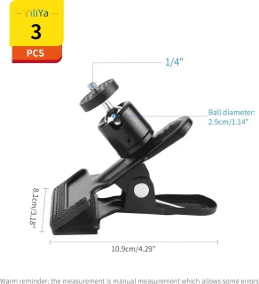 3 stuks camera flitshouderset - klem met kogelkop - statiefklem 360 graden - camera klem clips - metalen klemhouder met 1/4 inch schroef - zwart - accessoires voor fotografie