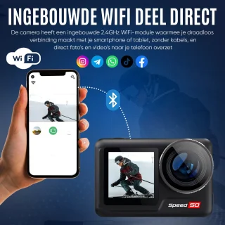 NexZone - Action Camera - Incl. 128GB SD Kaart - Dual Lens 5K - Dubbele batterij - Waterdicht tot 6 m (40 m met Case) - 170° Wide-Angle - WiFi & Touchscreen - Actioncam - Vlog & Sportcamera – Zwart