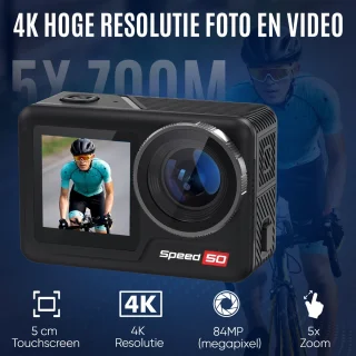 NexZone - Action Camera - Incl. 128GB SD Kaart - Dual Lens 5K - Dubbele batterij - Waterdicht tot 6 m (40 m met Case) - 170° Wide-Angle - WiFi & Touchscreen - Actioncam - Vlog & Sportcamera – Zwart
