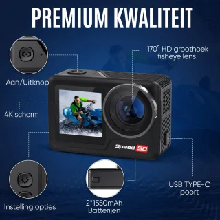 NexZone - Action Camera - Incl. 128GB SD Kaart - Dual Lens 5K - Dubbele batterij - Waterdicht tot 6 m (40 m met Case) - 170° Wide-Angle - WiFi & Touchscreen - Actioncam - Vlog & Sportcamera – Zwart