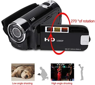 Digital Camcorder, Full HD Full HD Rotation 270° 1080P 16X High Definition Camcorder, Portable DV Video Camera with 2.7 Inch Display for Home Camping (EU Plug Black)
