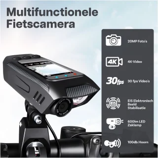 4-in-1 Fietscamera 4K Action Cam van MMOBIEL – Waterdichte IPX5 Fiets Camera met Video, GPS Route Tracker, LED Zaklamp (600lm), Toeter, WiFi App – Inclusief 32GB SD-Kaart – Eenvoudige Stuurbevestiging