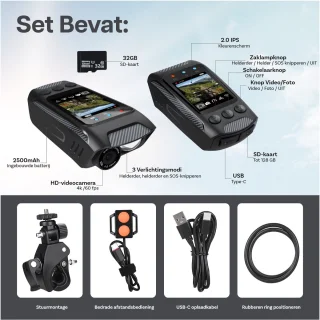 4-in-1 Fietscamera 4K Action Cam van MMOBIEL – Waterdichte IPX5 Fiets Camera met Video, GPS Route Tracker, LED Zaklamp (600lm), Toeter, WiFi App – Inclusief 32GB SD-Kaart – Eenvoudige Stuurbevestiging
