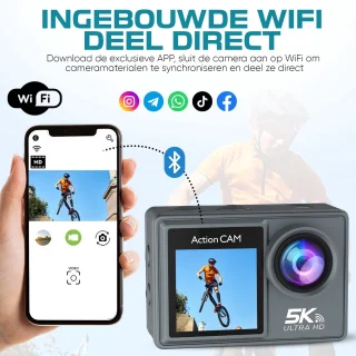 NexZone - Action Camera - Waterdicht 30m - 5K Ultra HD - Incl. 128GB SD Kaart - Actioncam - 60fps - Wifi - Onderwatercamera - Dubbel Scherm - Beelstabilisatie - Incl. Accessoires