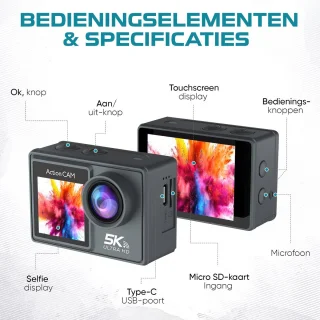 NexZone - Action Camera - Waterdicht 30m - 5K Ultra HD - Incl. 128GB SD Kaart - Actioncam - 60fps - Wifi - Onderwatercamera - Dubbel Scherm - Beelstabilisatie - Incl. Accessoires