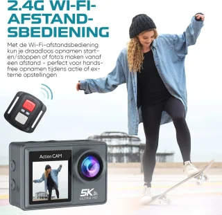 NexZone - Action Camera - Waterdicht 30m - 5K Ultra HD - Incl. 128GB SD Kaart - Actioncam - 60fps - Wifi - Onderwatercamera - Dubbel Scherm - Beelstabilisatie - Incl. Accessoires