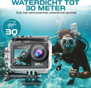 NexZone - Action Camera - Waterdicht 30m - 5K Ultra HD - Incl. 128GB SD Kaart - Actioncam - 60fps - Wifi - Onderwatercamera - Dubbel Scherm - Beelstabilisatie - Incl. Accessoires