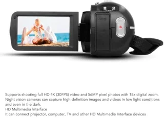 Videocamera Camcorder met Afstandsbediening 56M 4K 30FPS IR NightVision 18X Zoom 3.0in IPS Touchscreen Vlog Camera voor Fotografie