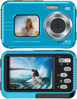 4K onderwatercamera - 48 MP waterdichte digitale camera met dubbel scherm - blauw