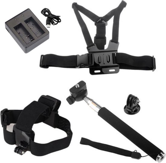 Complete accessoireset voor GoPro & EKEN: draagbanden, selfiestick en oplader
