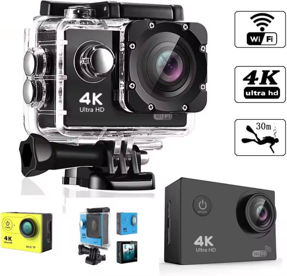 De Action Camera 4K Waterdicht 30M inclusief Accessoires in één oogopslag