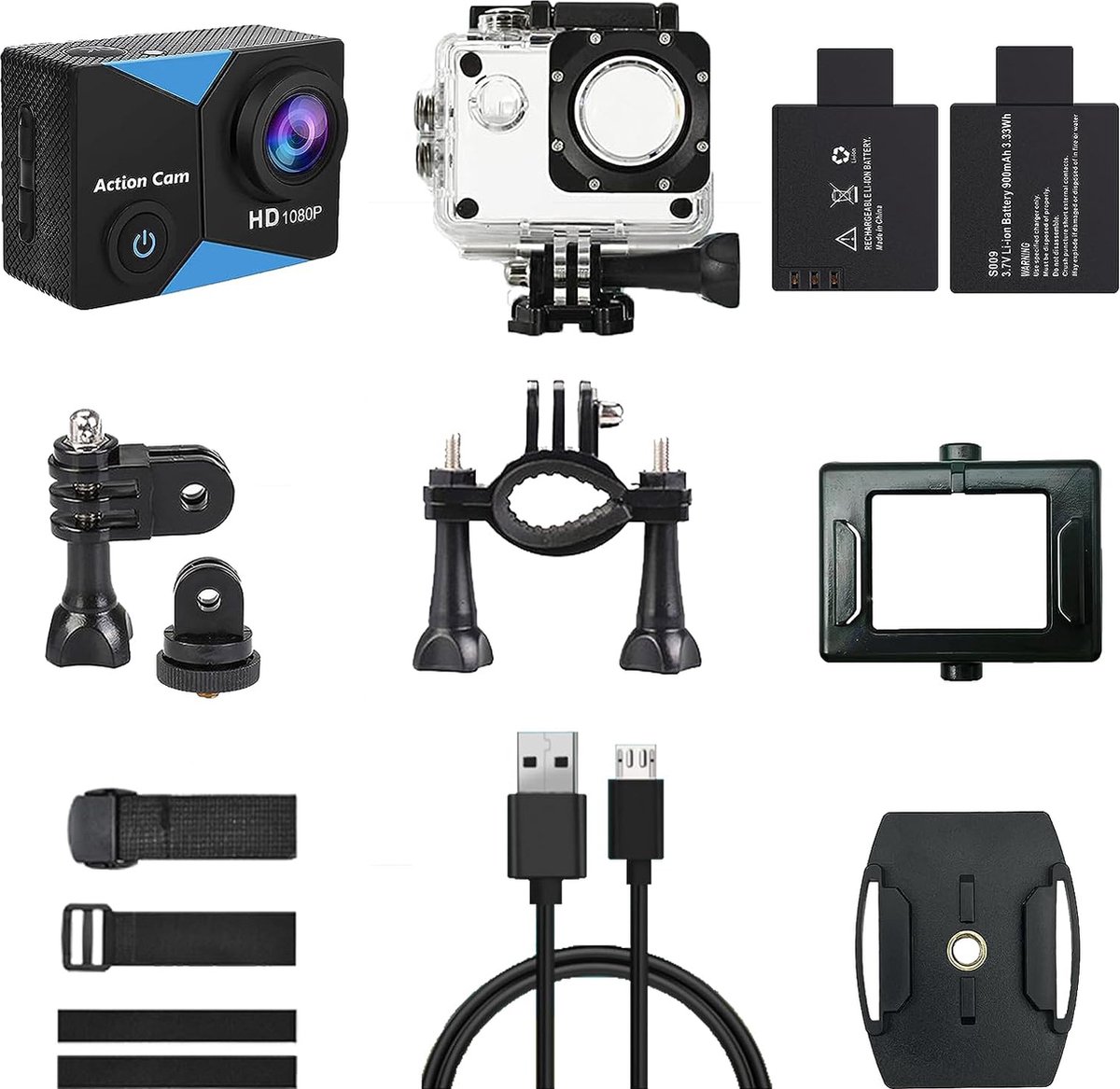 Action Camera FHD 1080P 12MP Waterdicht 30m Met Batterijen en Accessoireset