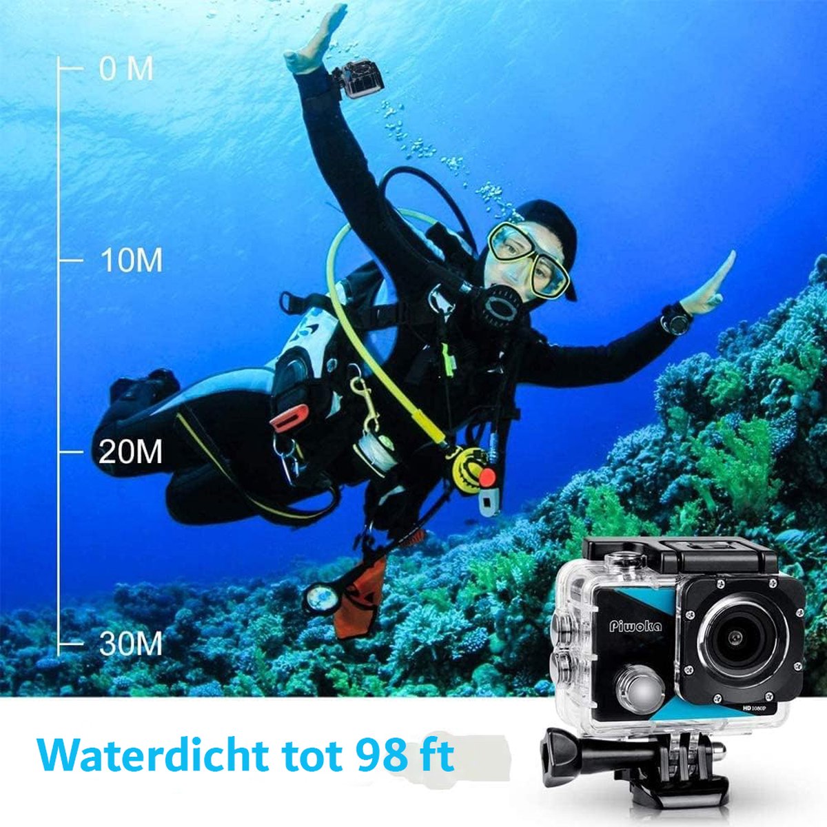 Action Camera FHD 1080P 12MP Waterdicht 30m Met Batterijen en Accessoireset