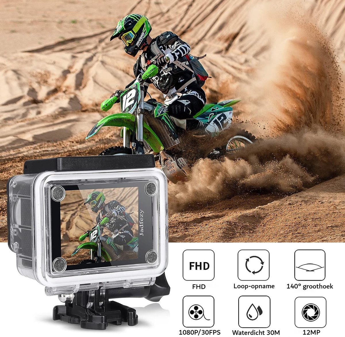Action Camera FHD 1080P 12MP Waterdicht 30m Met Batterijen en Accessoireset