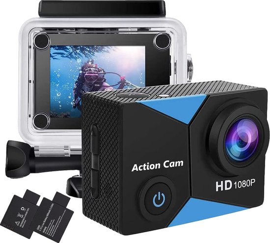 Action Camera FHD 1080P 12MP Waterdicht 30m Met Batterijen en Accessoireset