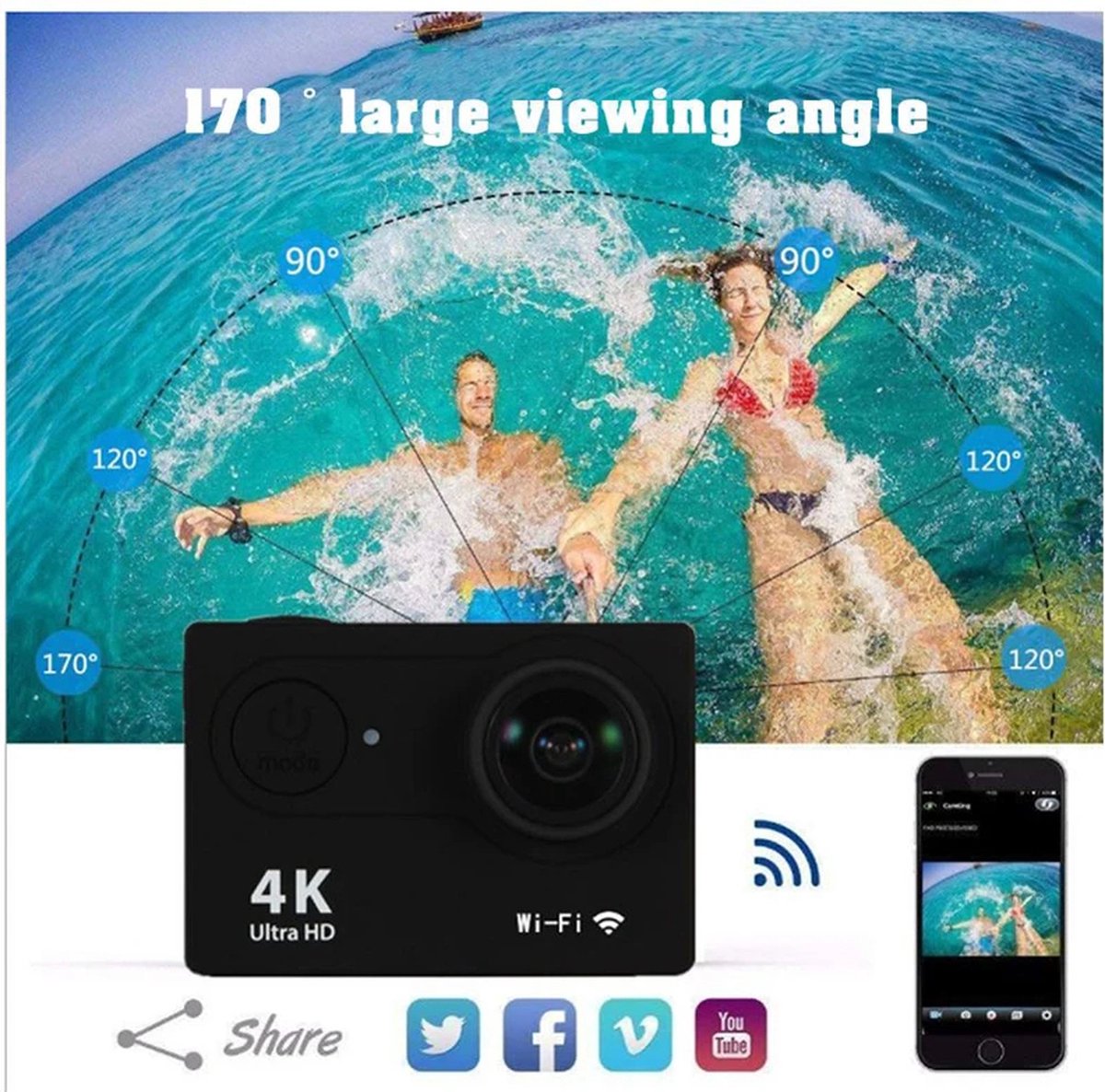 Action Camera Zwart 1080p Wifi