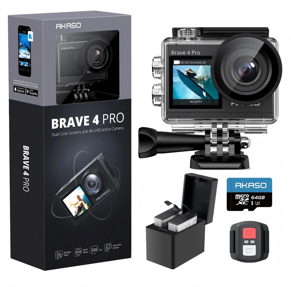 De AKASO Brave 4 Pro Actioncam 4K 30fps met 64GB microSD in één oogopslag