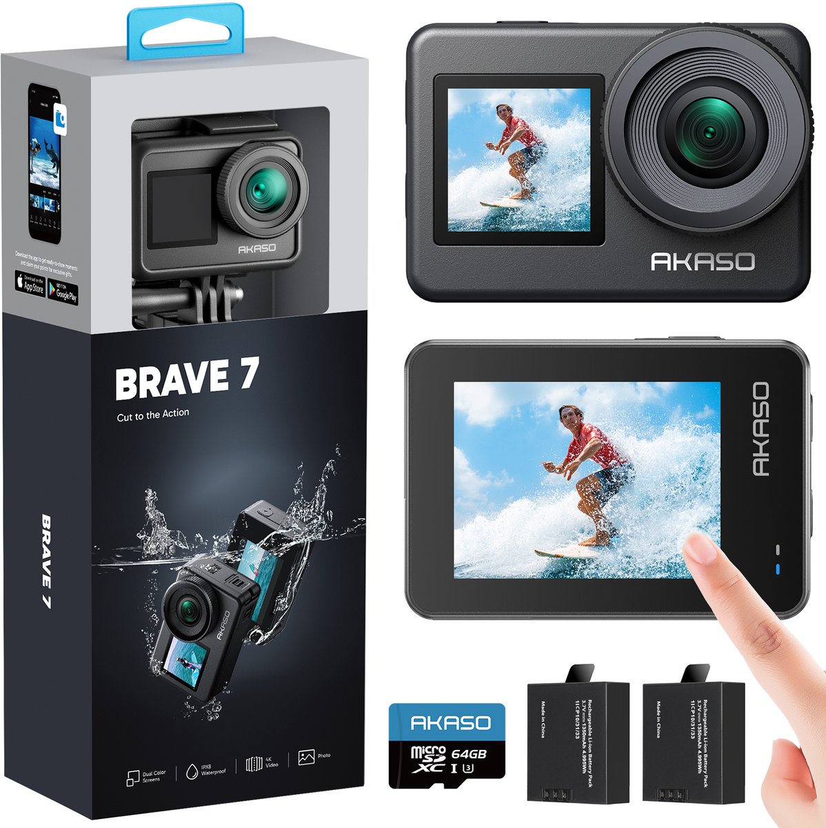 De AKASO Brave 7 ActionCam 4K 30fps 20MP IPX8 Dual Screen 64G in één oogopslag