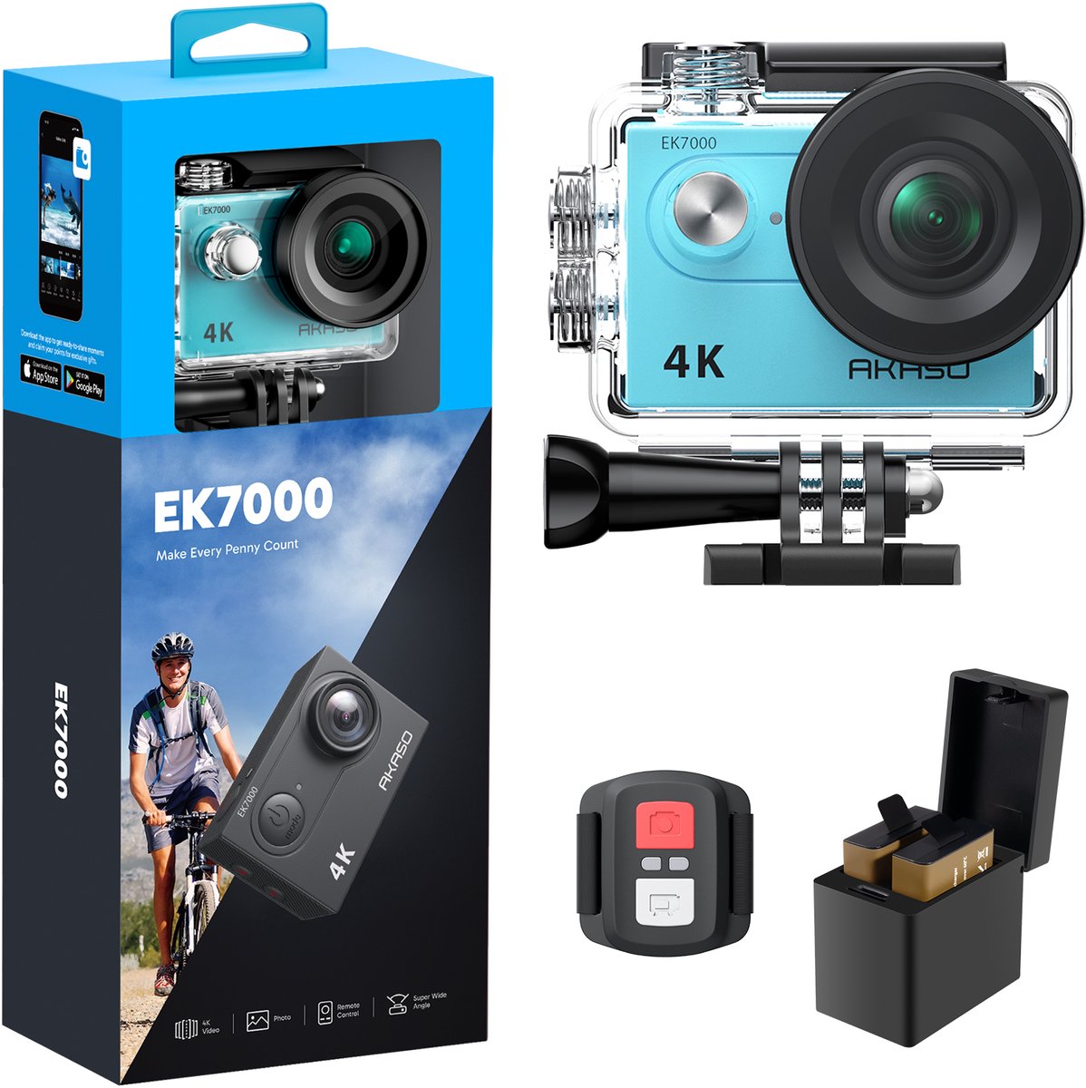 De AKASO EK7000 4K Action Camera Blauw in één oogopslag