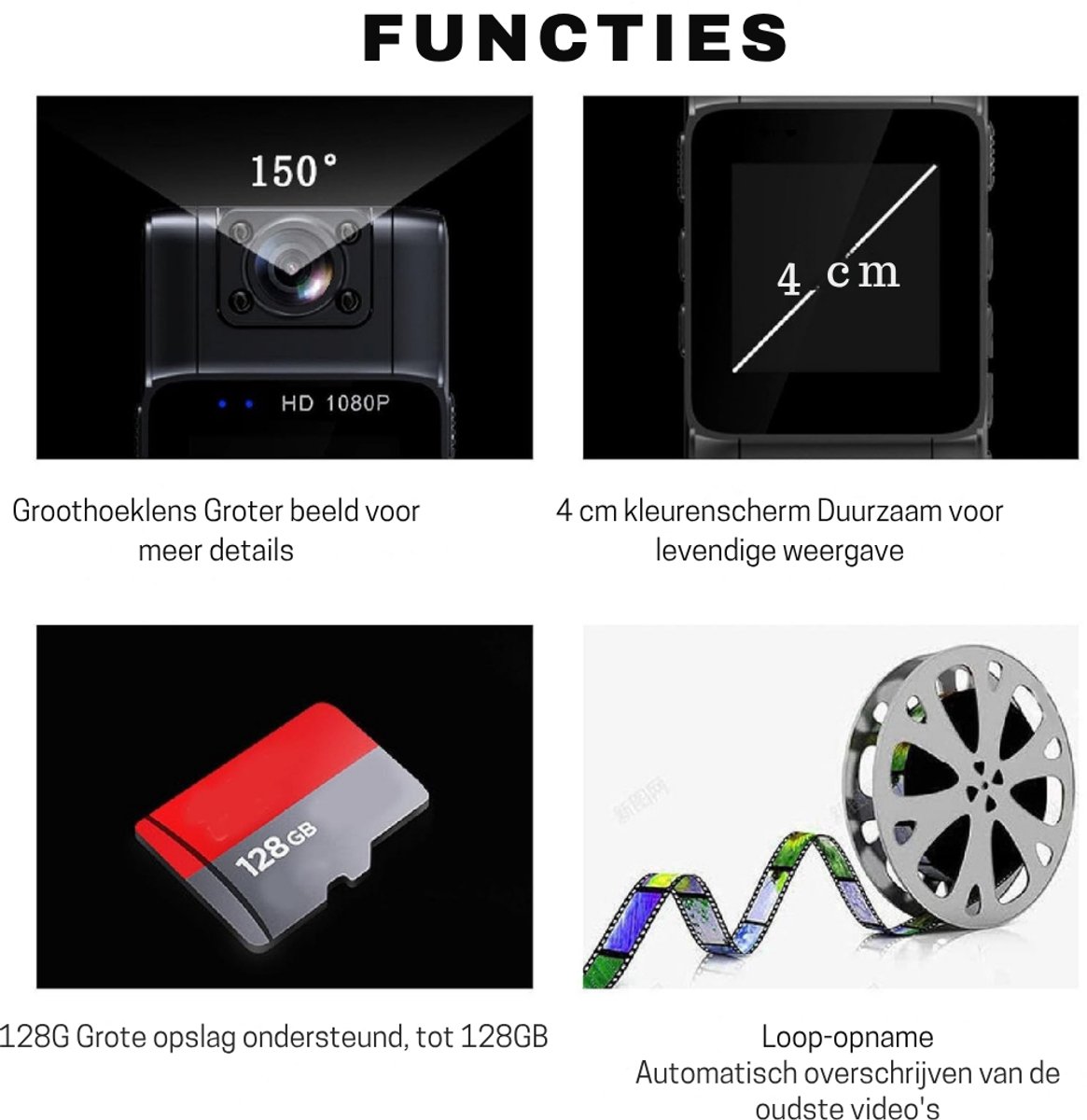 Bodycam Spy Camera 1080p Met Microfoon Zwart