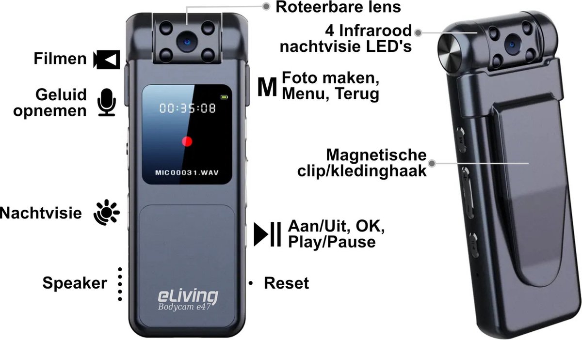Bodycam Voicerecorder FullHD Oplaadbaar Draaibare Lens