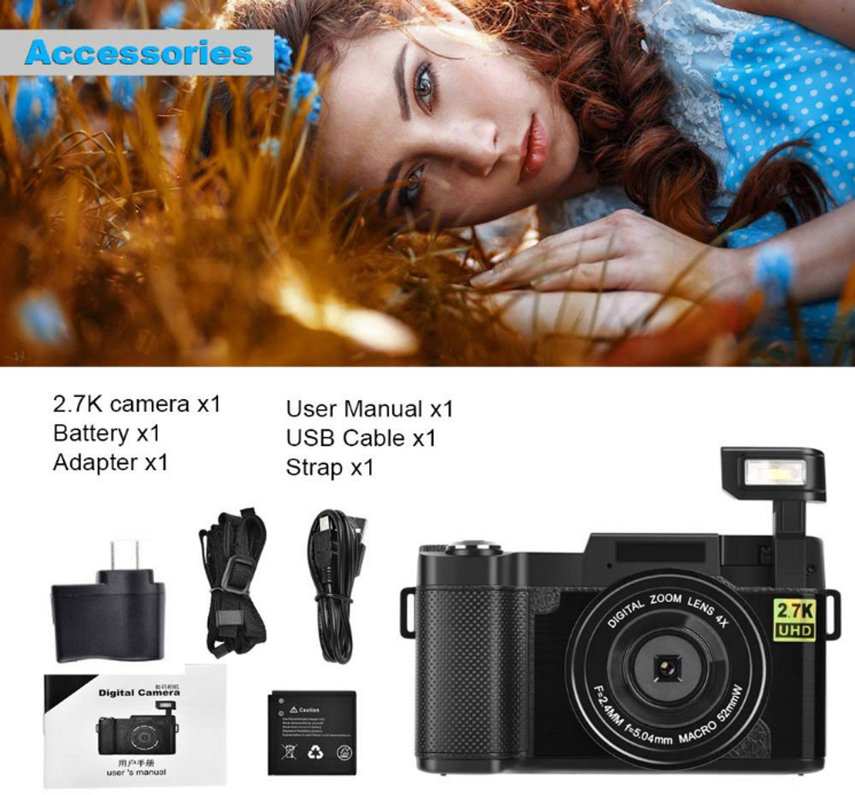 Digital Vlogging Camera 24MP 2.7K Full HD Flip Screen 32GB
