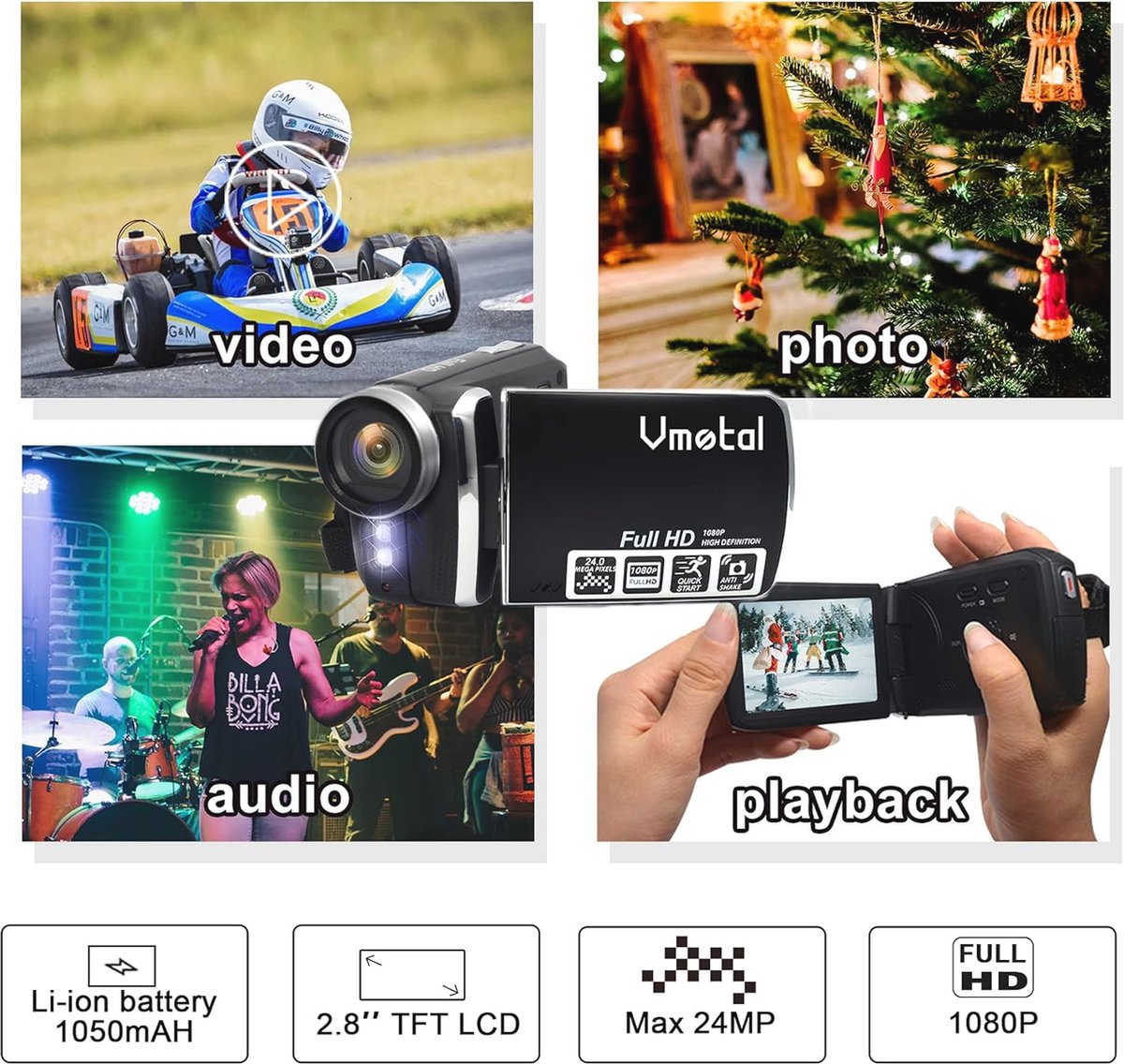 Digitale Videocamcorder FHD 1080P 24MP Met Draaibaar Flip-Screen