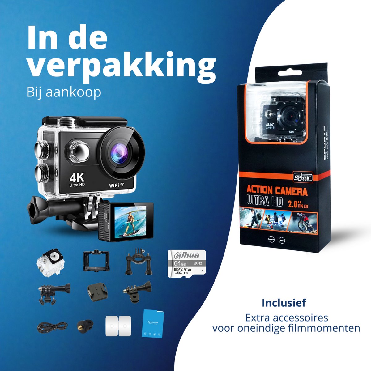 GoPro Action Camera 4K 30fps inclusief 64 GB SD kaart en accessoires