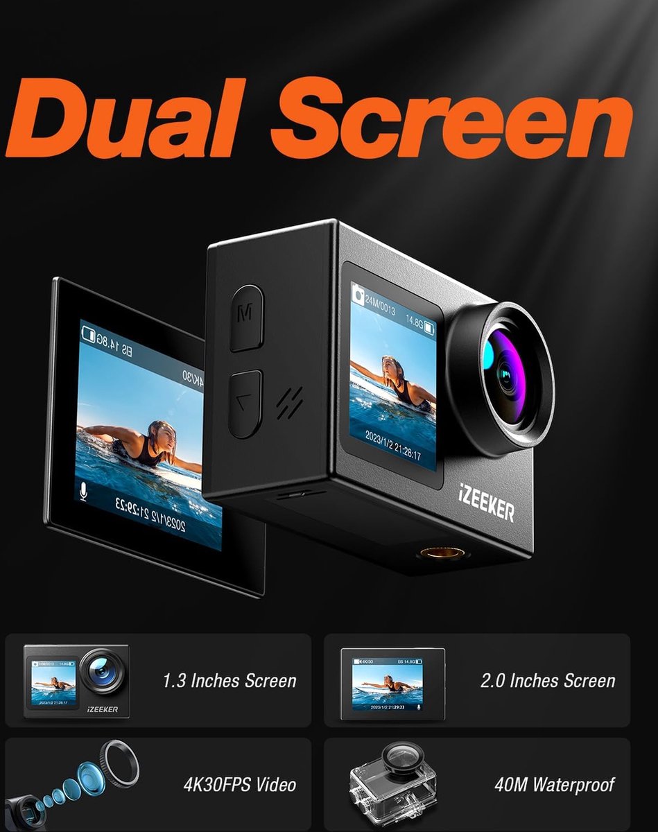 iZEEKER iA200 Action Cam 4K Dual Screen Waterdicht 40M