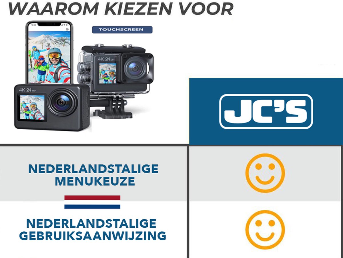 JC's Action Camera 4K Dual Screen met 32GB SD Kaart en Accessoires