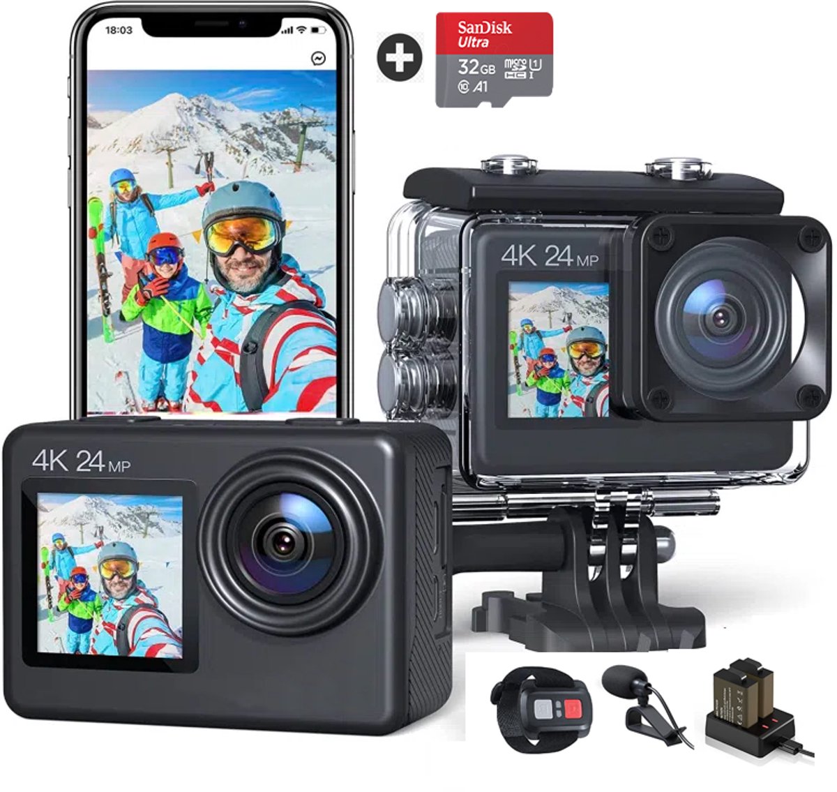 JC's Action Camera 4K Dual Screen met 32GB SD Kaart en Accessoires