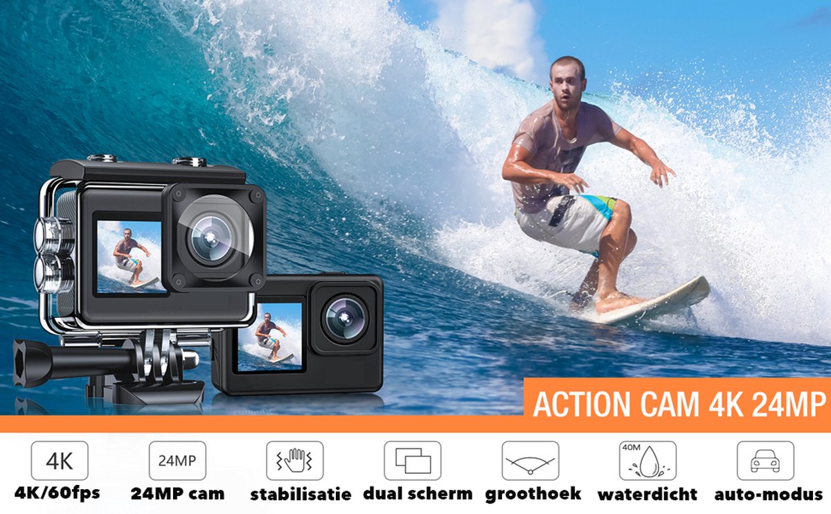 JC's Action Camera 4K Dual Screen met 32GB SD Kaart en Accessoires