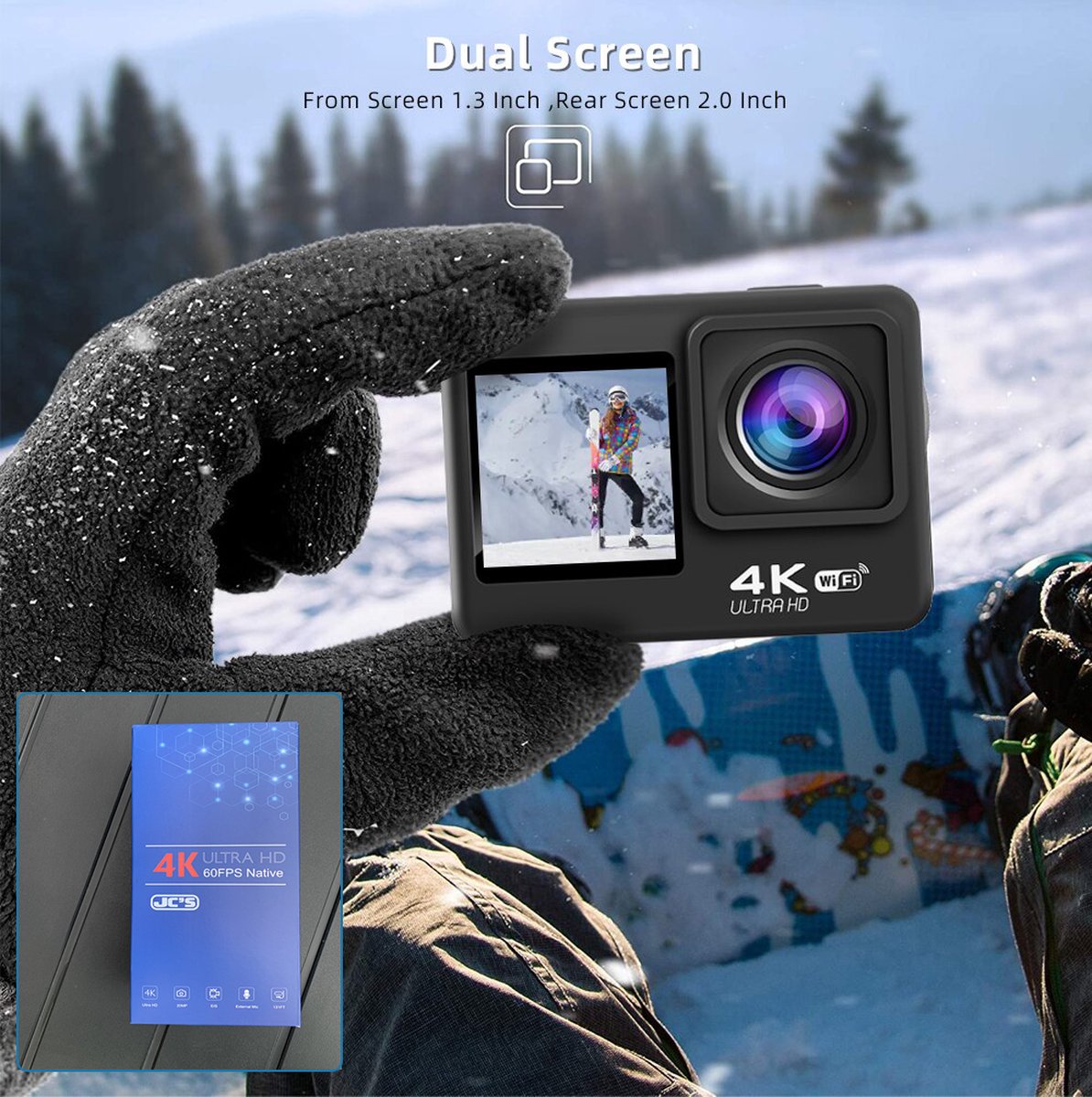 JC's Action Camera 4K Dual Screen met 32GB SD Kaart en Accessoires