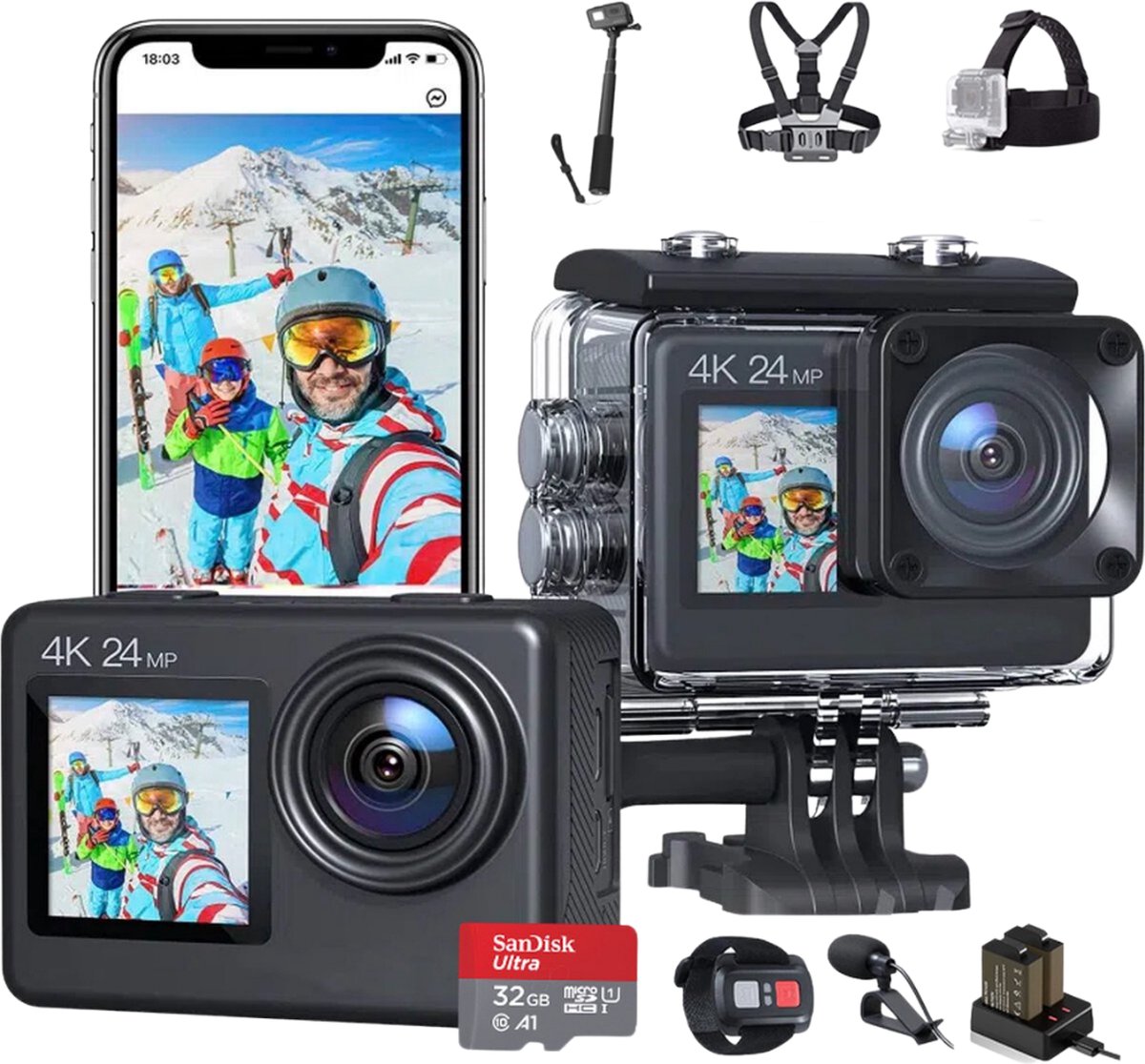 JC's Action Camera 4K Touchscreen inclusief accessoires